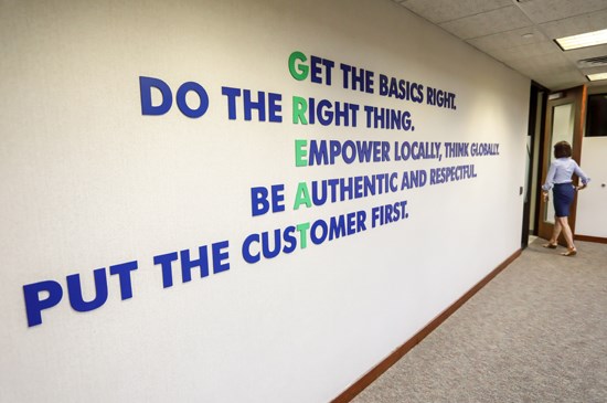 Part of our Mission Vision Values statement adorns a wall 